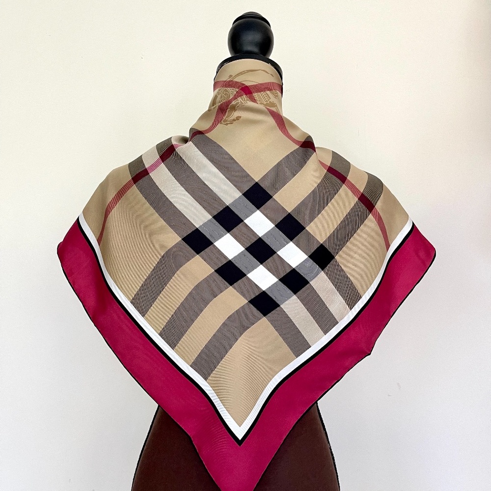 New Unisex Burberry Scarf Beige Check Burgundy Red Border Silk Wrap - Picture 5 of 13